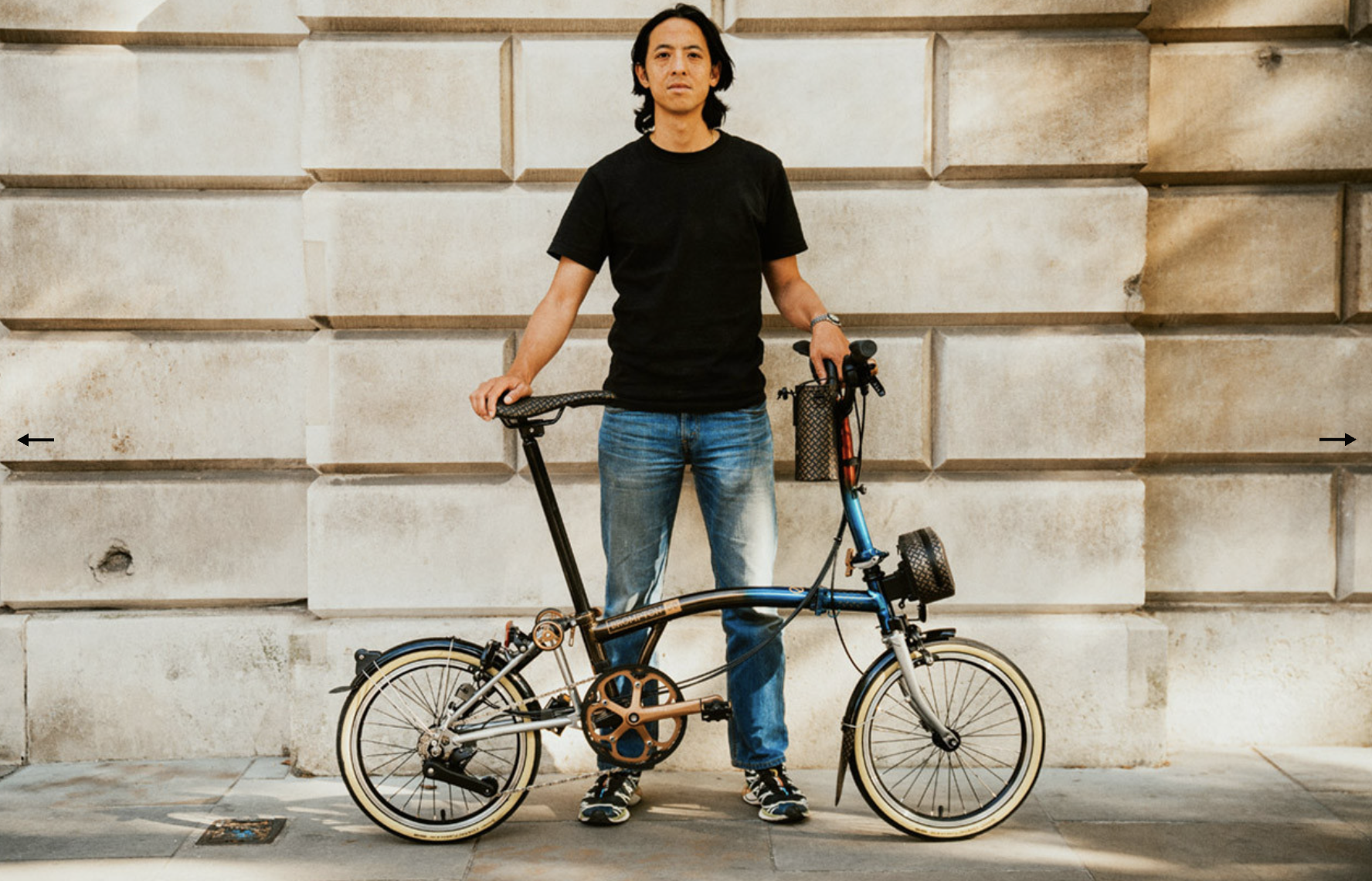 a man posing with the special edition Brompton 1975