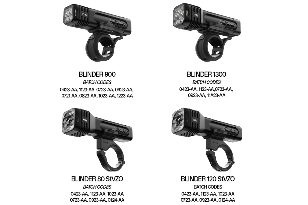 Screenshot of the four Blinder light models impacted by Knog's product recall.