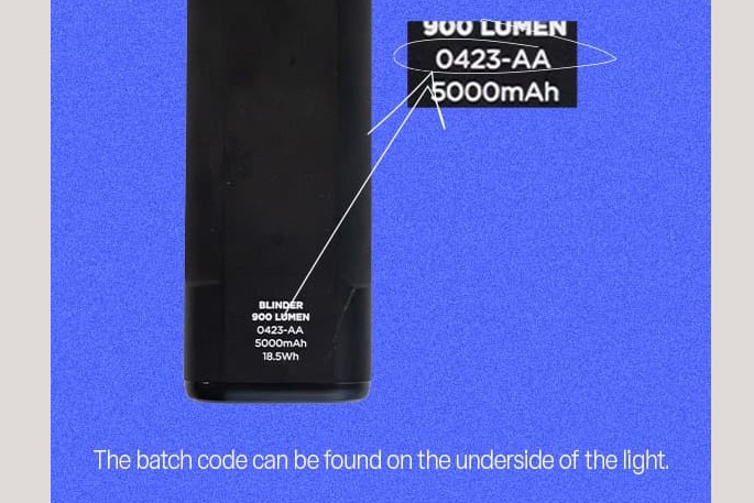 Screenshot of a graphic demonstrating how to find the batch number on your knog bike lights.