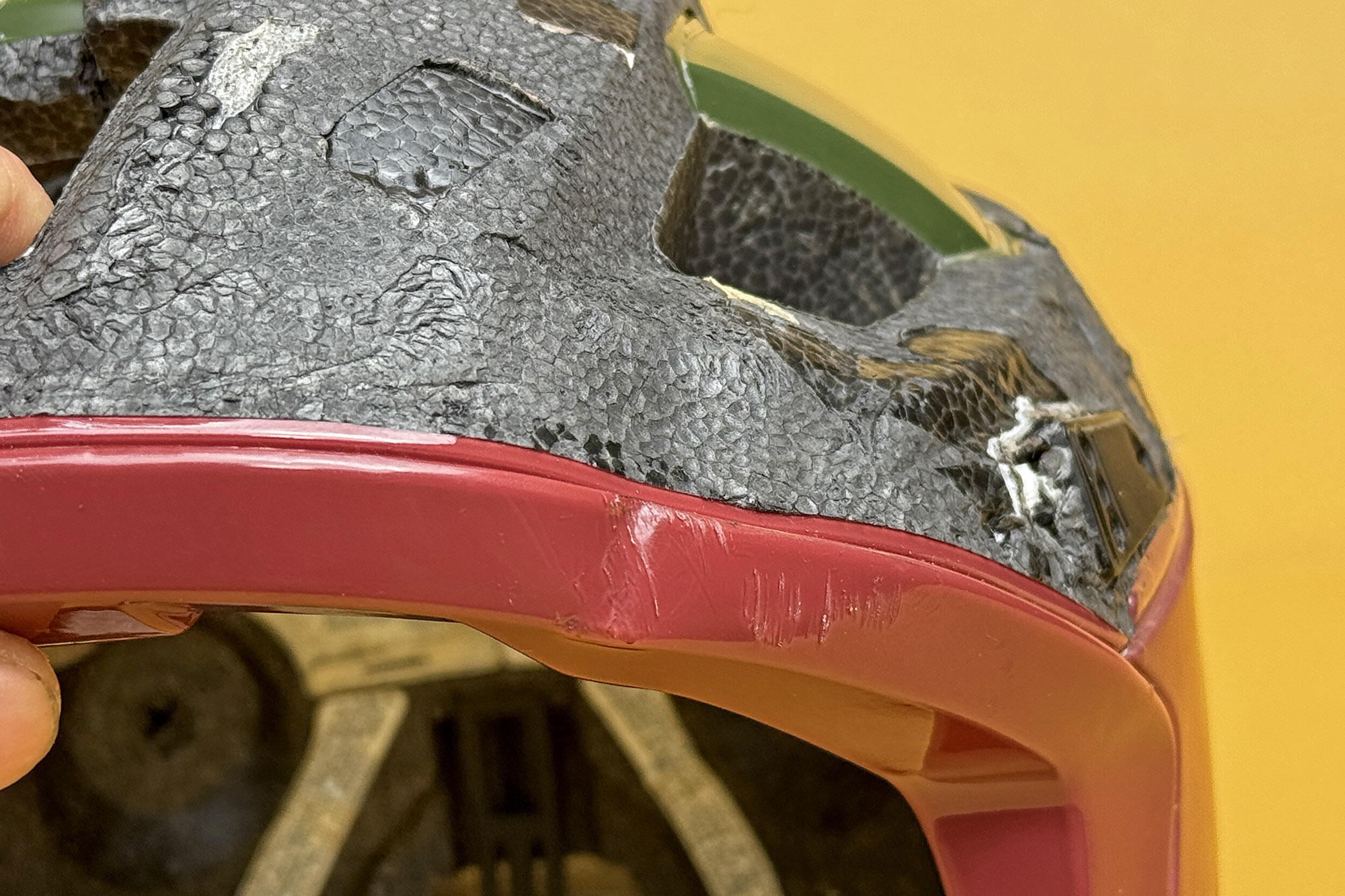 MTB Helmet Crash Post-Mortem: What happens in a real-world mountain bike helmet impact test? compressed EPS foam