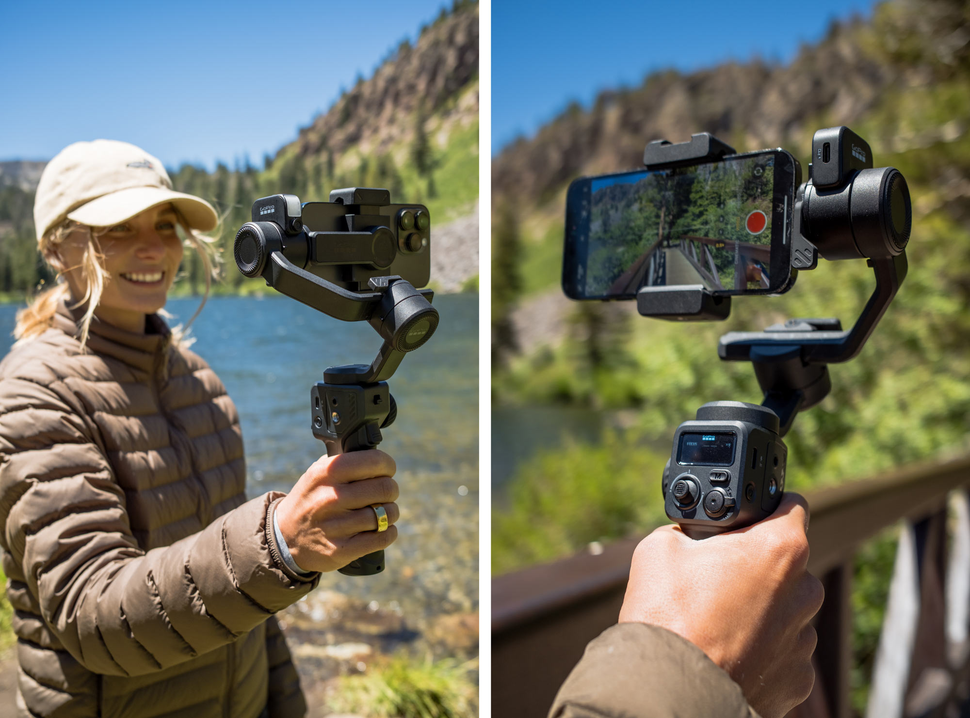 gopro fluid pro ai gimbal in use holding a smartphone.