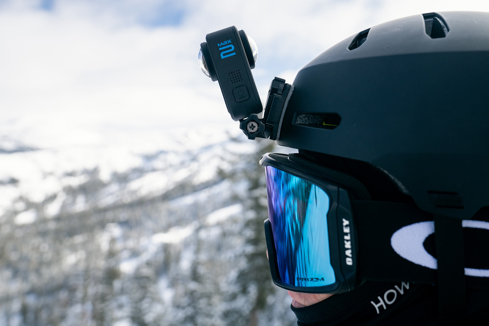 gopro max2 360 action camera on a helmet mount.