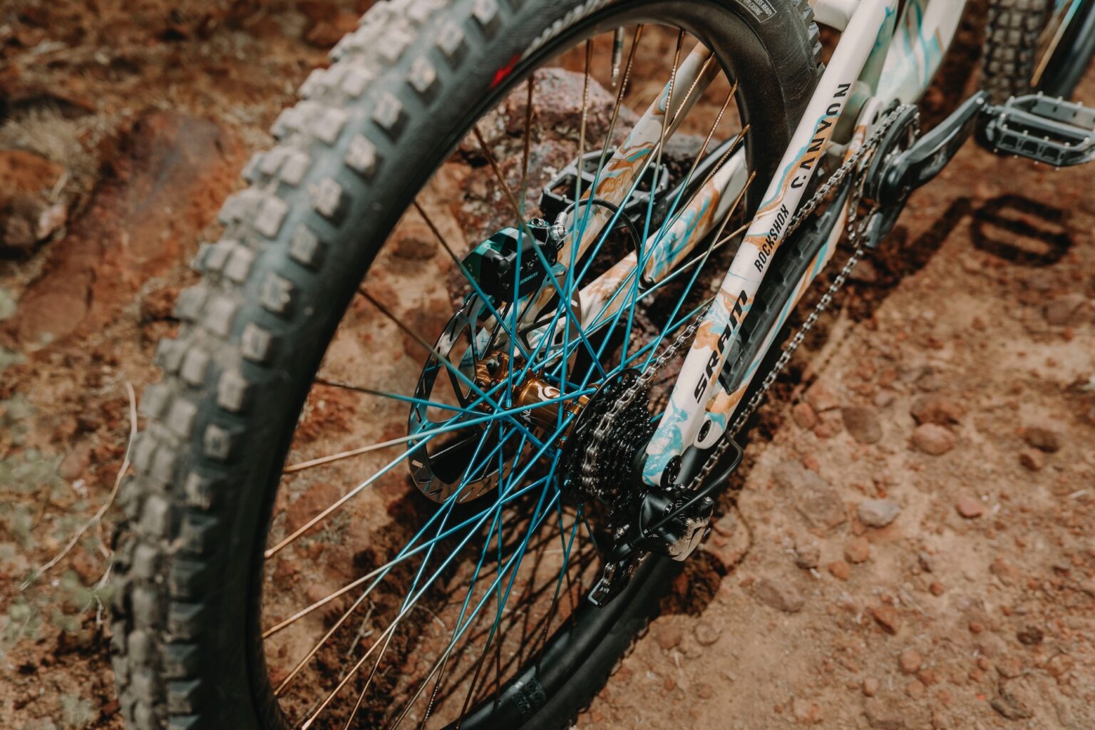 The rear wheel on Haz' Canyon Torque rampage bike