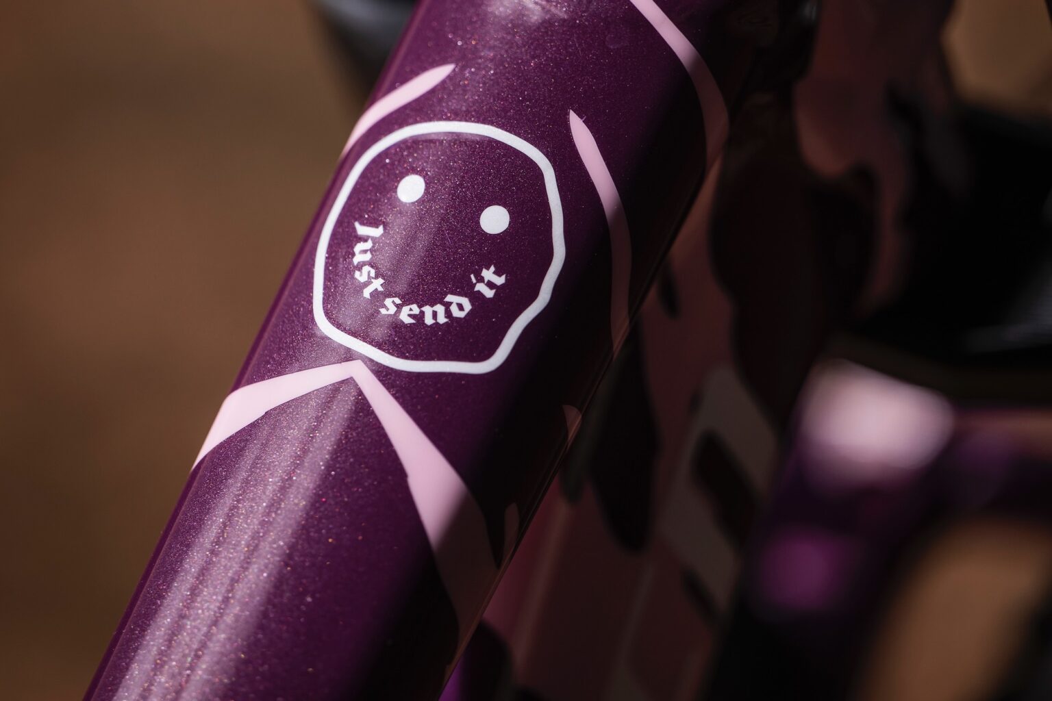 custom paint that says "just send it" on Kimball's rampage bike.