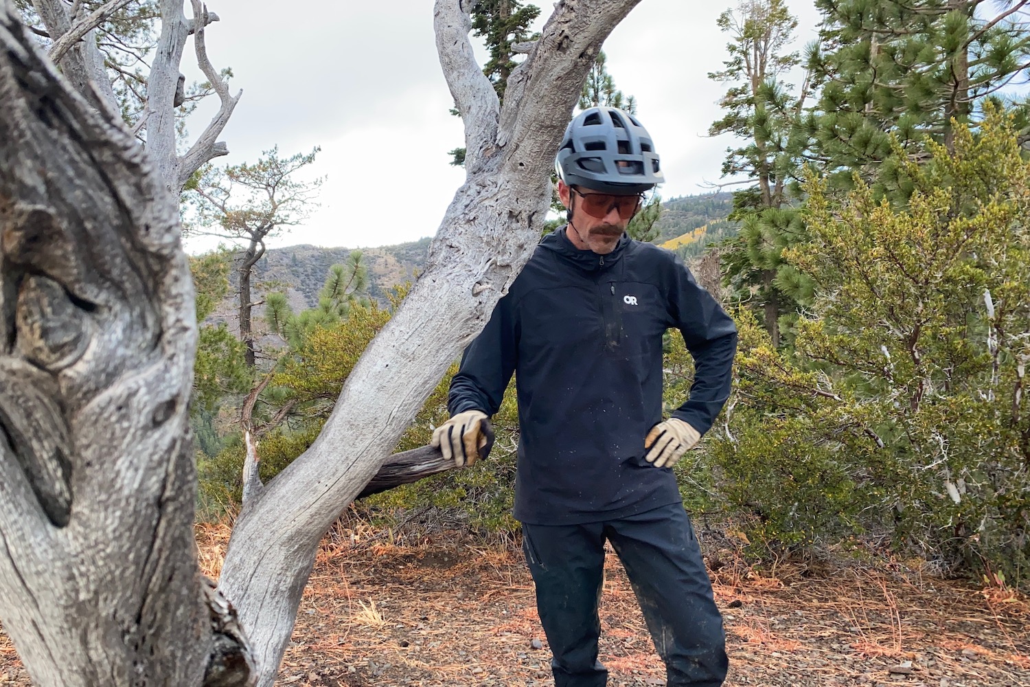 Standing by a tree while wearing the OR Freewheel Half-Zip Hoodie