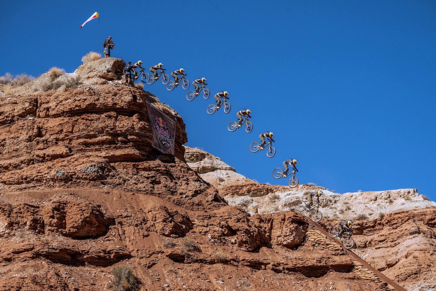 Georgia Astle sending it off a huge drop during the women's rampage 2025 event.