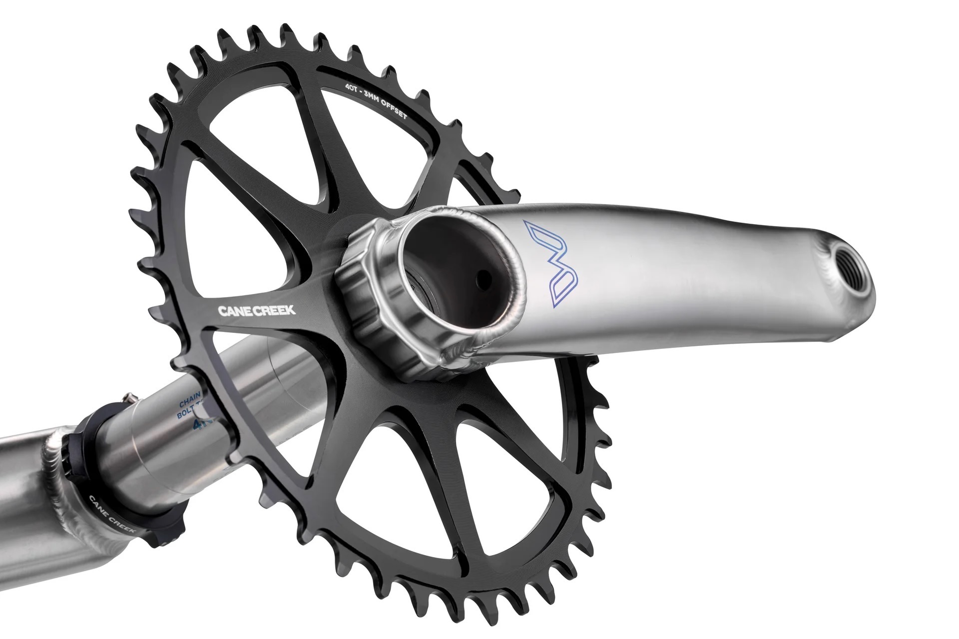 studio image of Cane Creek's eeWings chainring on the crank