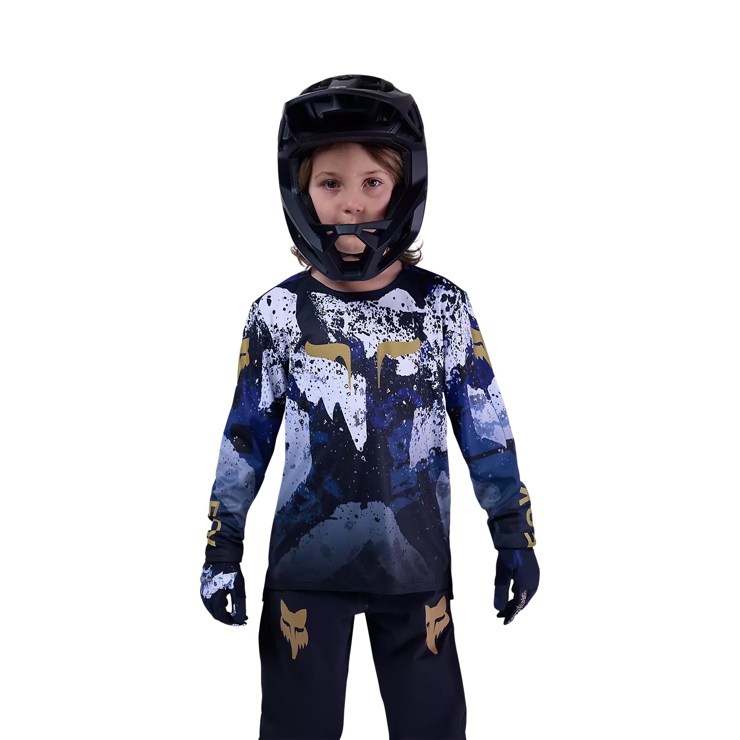 studio image of a kid wearing the goldstone youth jersey