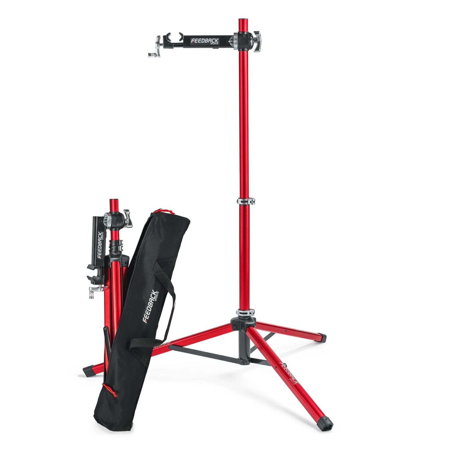 studio image of the Feedback Sports Pro Ultralight Repair stand in its open position and in its compact size with the travel bag