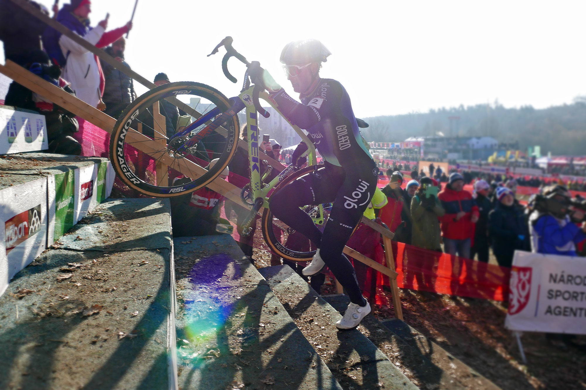 World Cup winning Trek Boone RSL cyclocross bike, Lucinda Brand Pro Bike Check, running stairs with a green bike