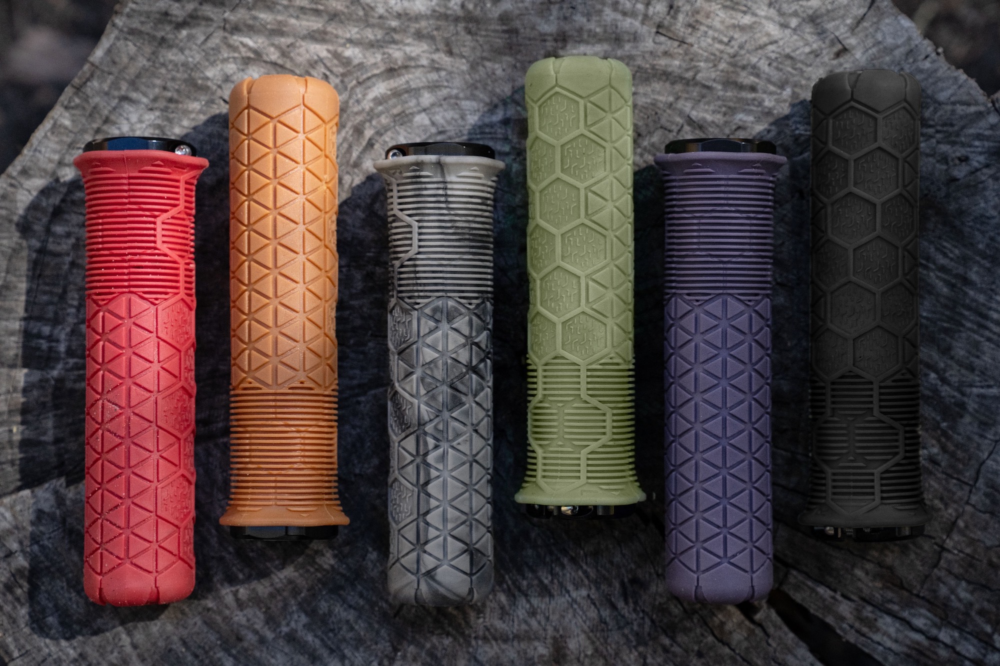 stock image of all six colors of the Fractal grips