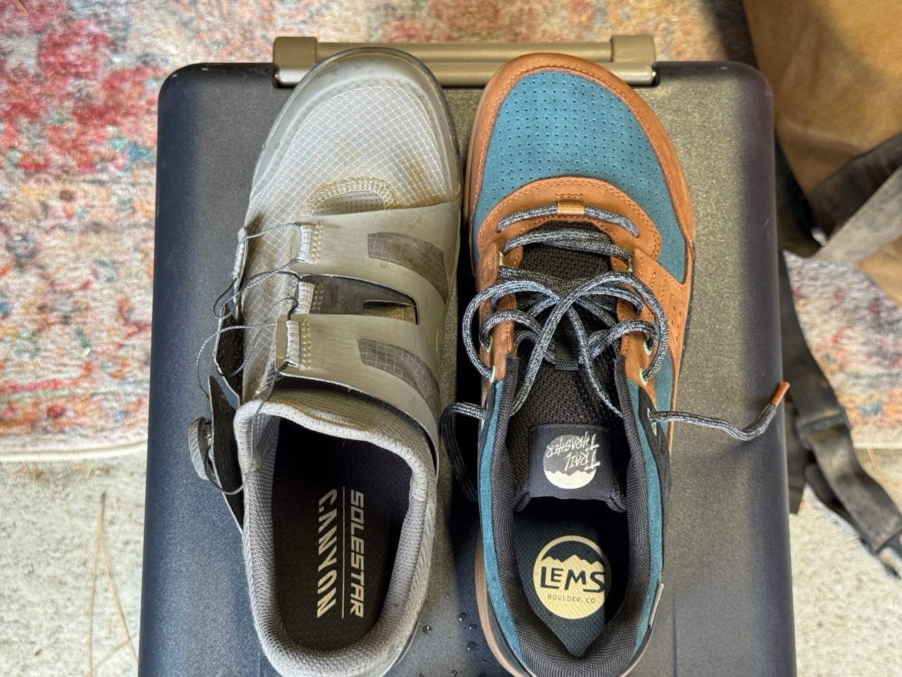 Lems New Trail Thrasher MTB Shoe next to current MTB shoes