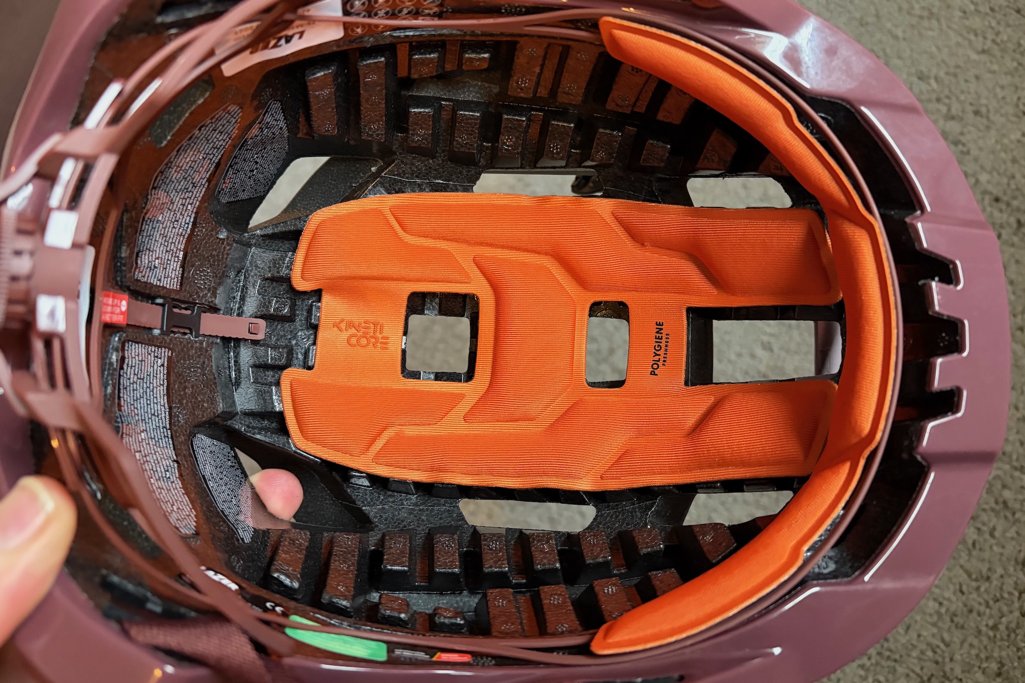 a view of the inside of the Impala KinetiCore helmet showing the padding and KinetiCore.