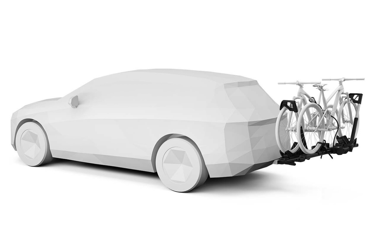 Rendering of the Thule Verse hitch rack on a vehicle with 2 bikes loaded.