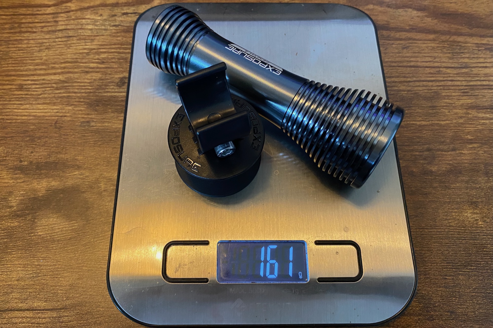 the Exposure Zenith 4 and helmet mount on a scale