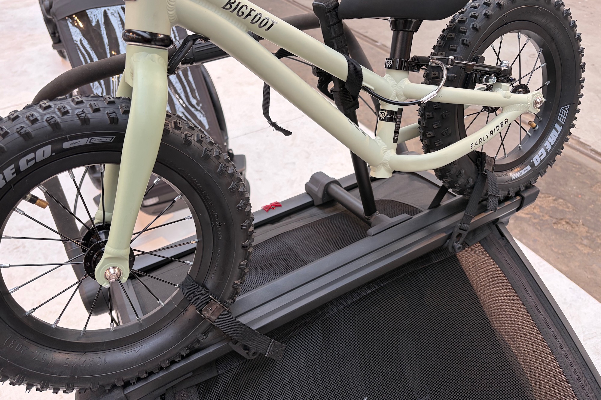 a balance bike on the trailer mounted bike rack