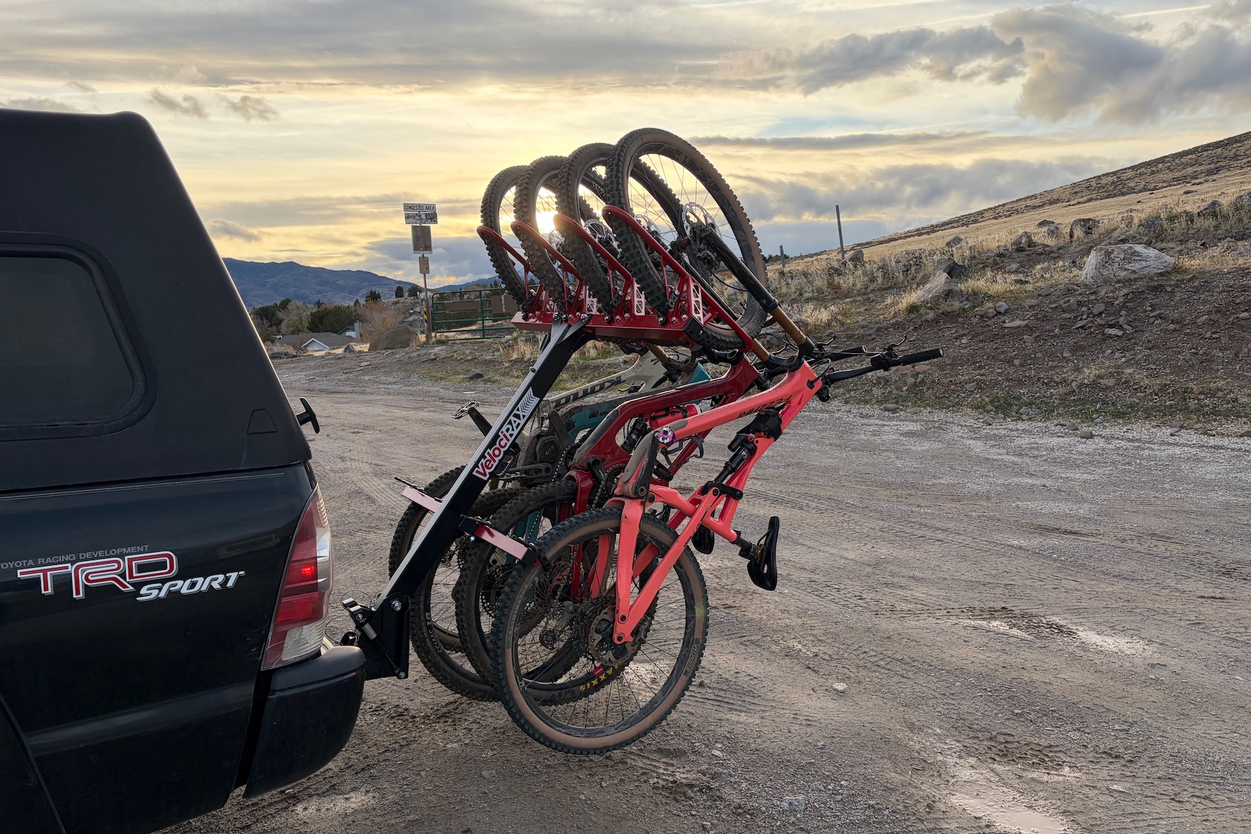 four bikes loaded on the VelociRAX with it tilted down