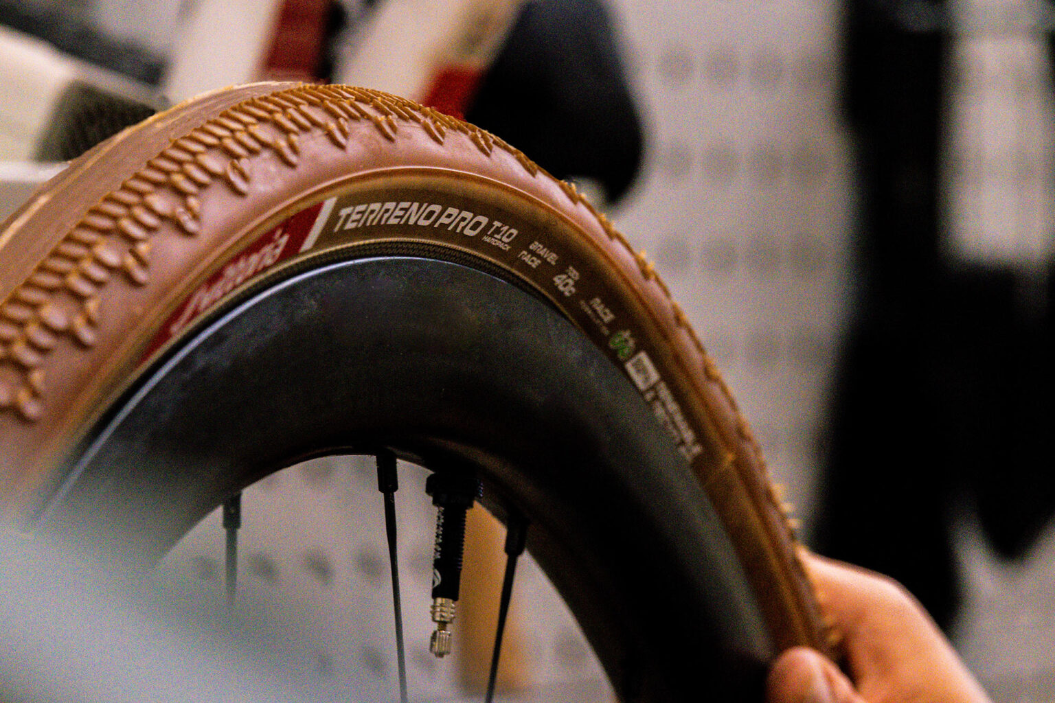 closeup details of new vittoria terreno pro gravel bike tires.