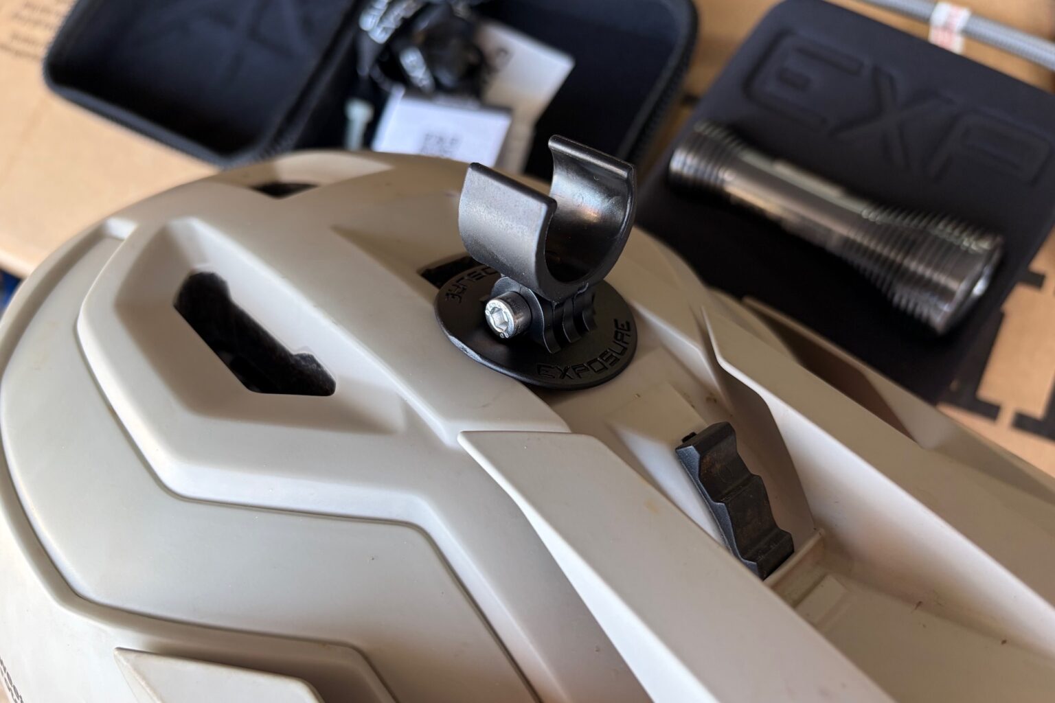 the exposure zenith 4 helmet mount attached to a helmet.