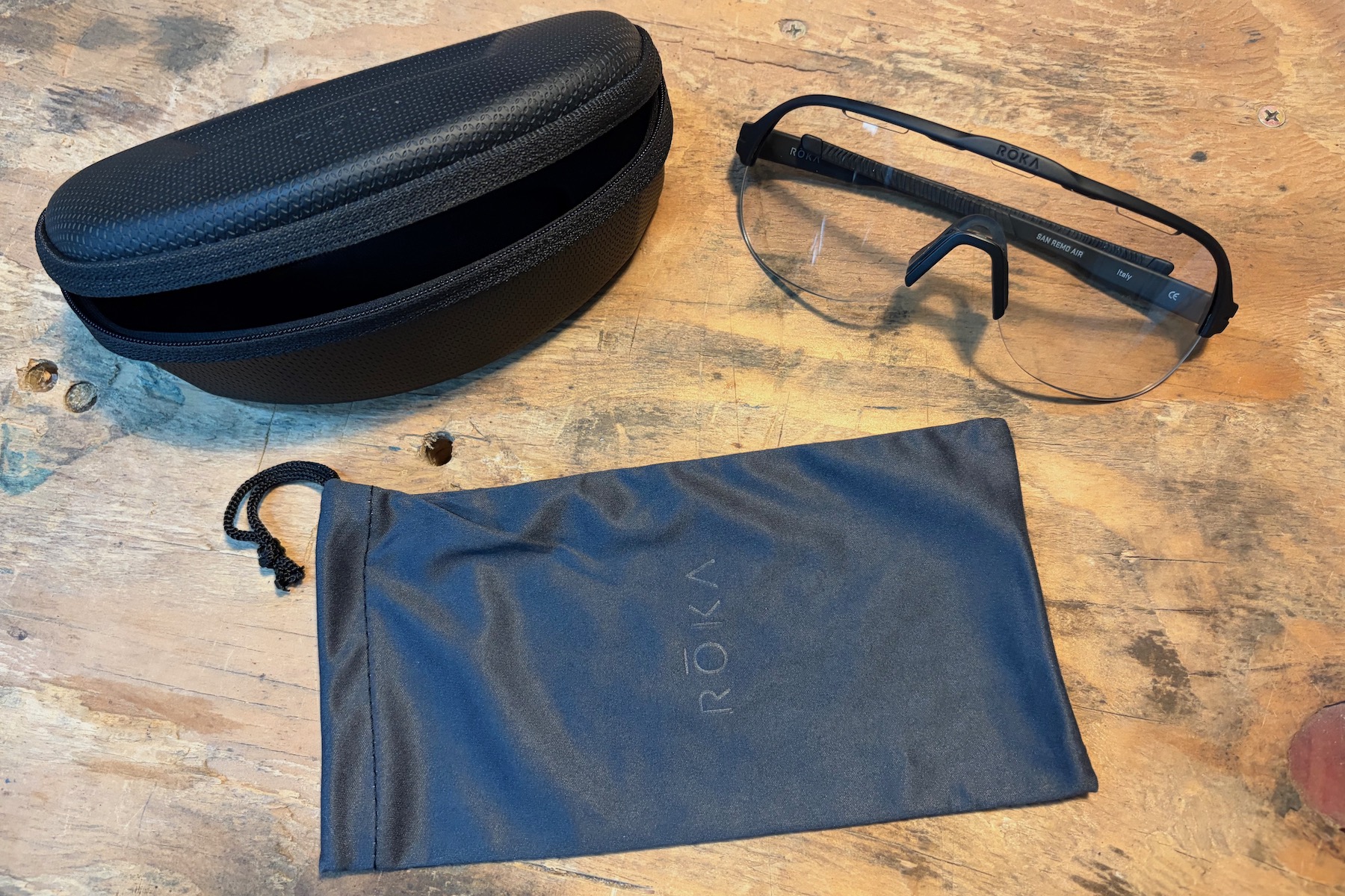 the san remo air glasses with their storage case and microfiber bag.