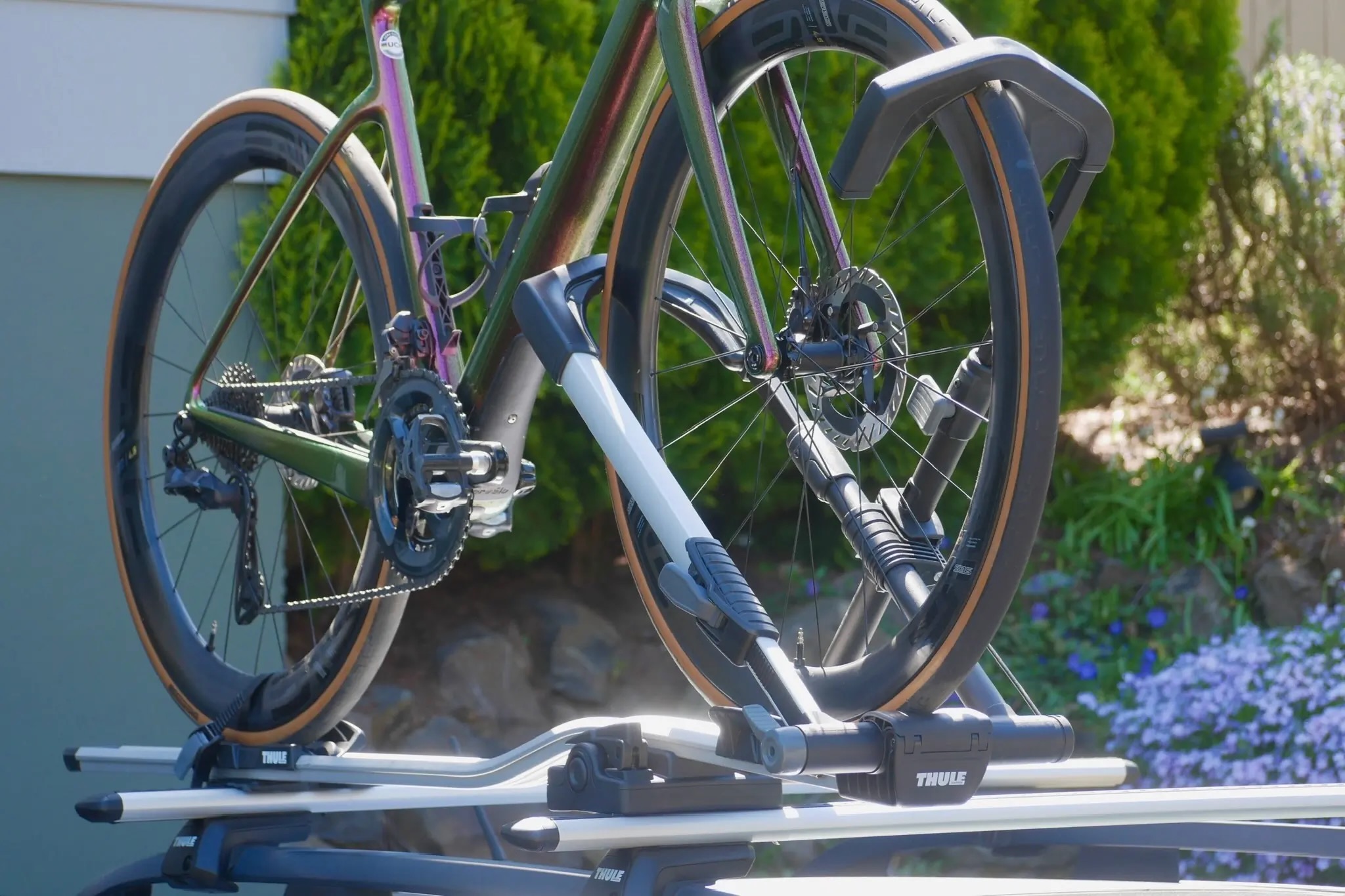 The Thule UpRide bike rack mounted to Thule T-track crossbars for a clean look