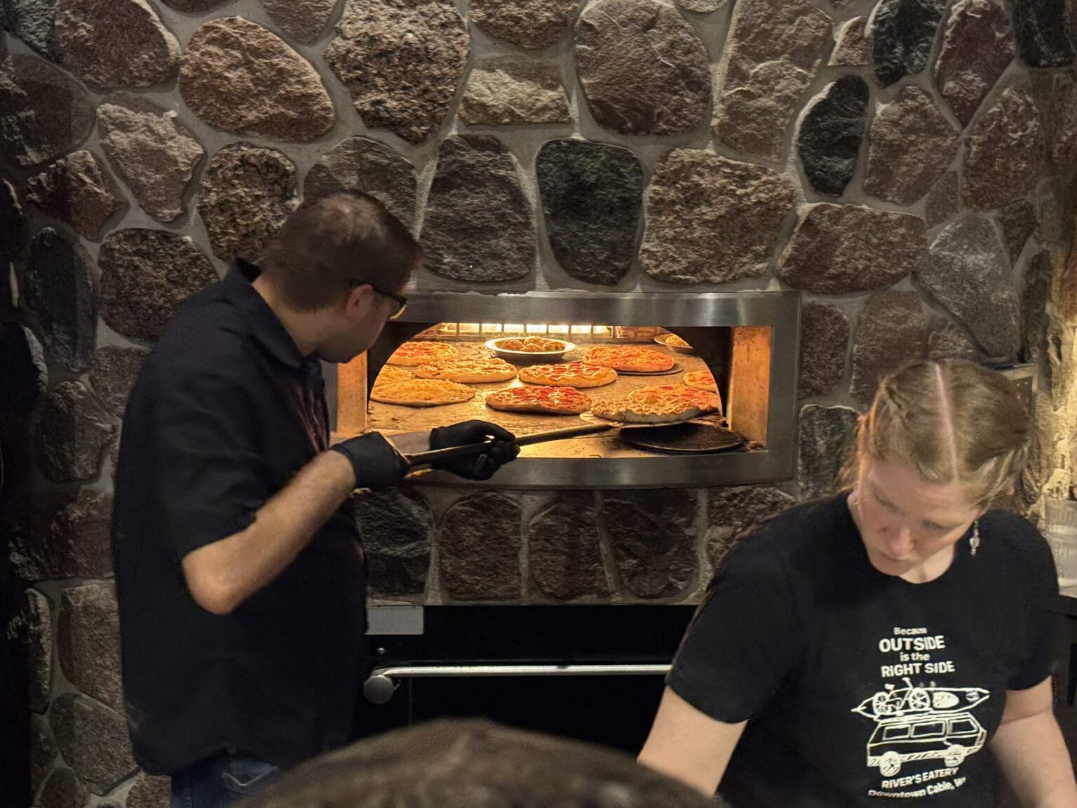stone oven at rivers eatery pizzeria.