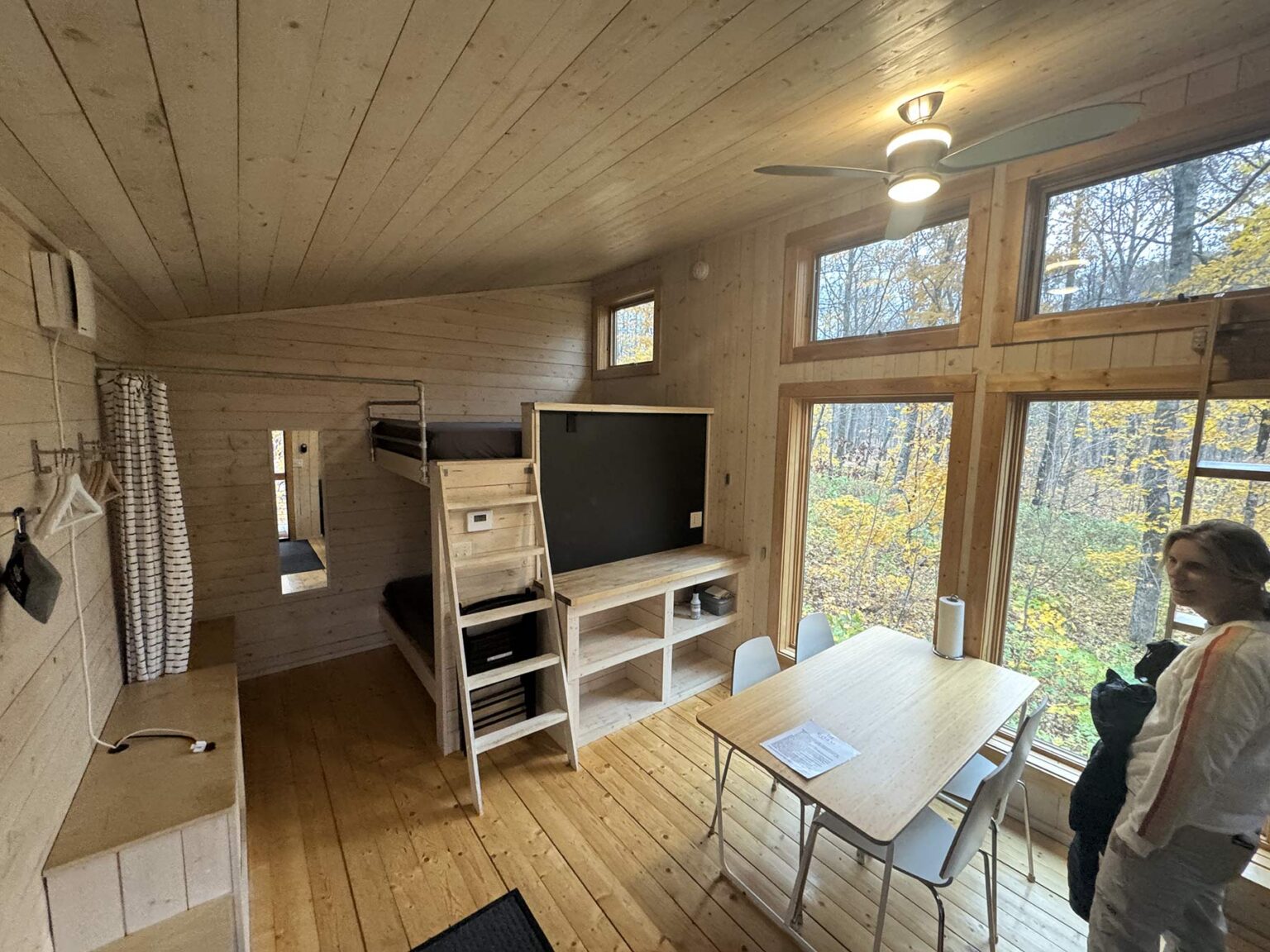 interior of roam base camp cabins in wisconsin.