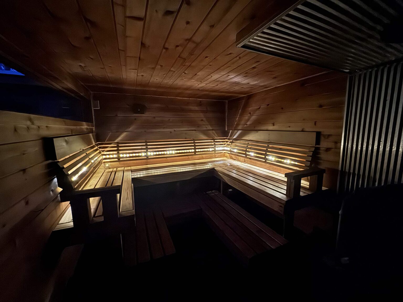 sauna at roam base camp cabins in wisconsin.