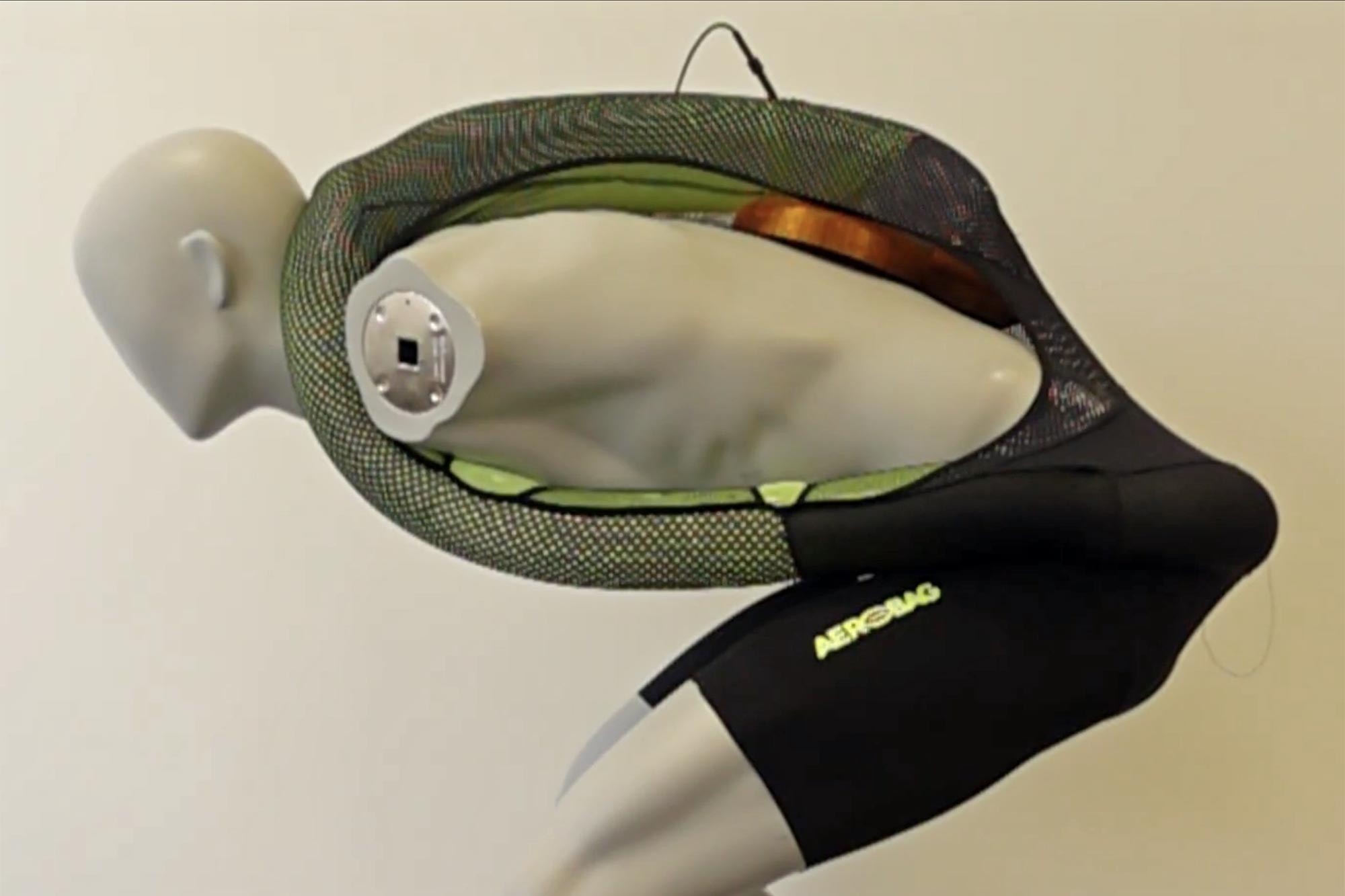 Aerobag ultralight compact airbag for performance professional cyclists integrated into your favorite bib shorts, side view inflated