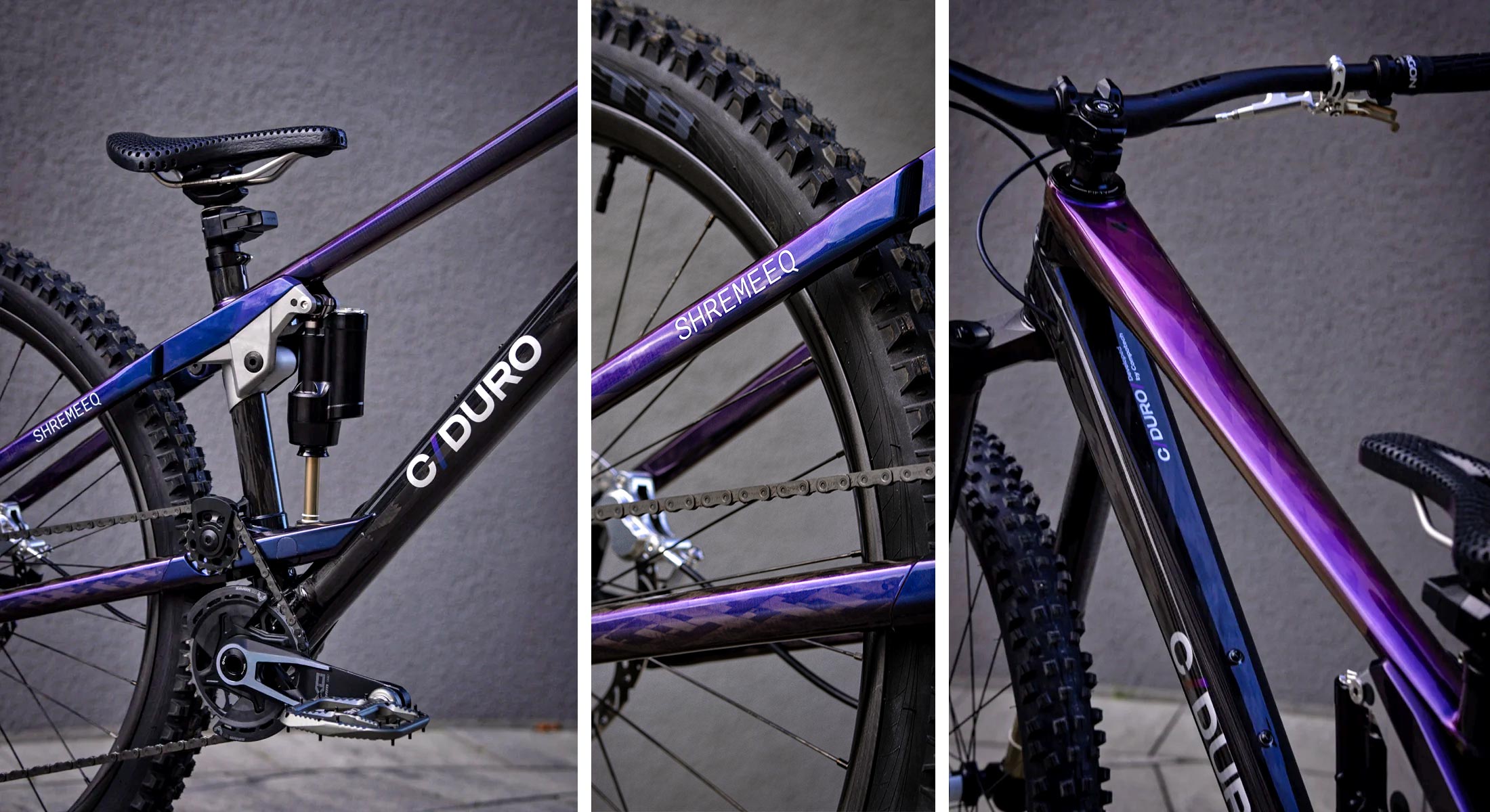 CDuro Shremeeq carbon hi-pivot enduro mountain bike 100% made in the Czech Republic, tinted purple finish