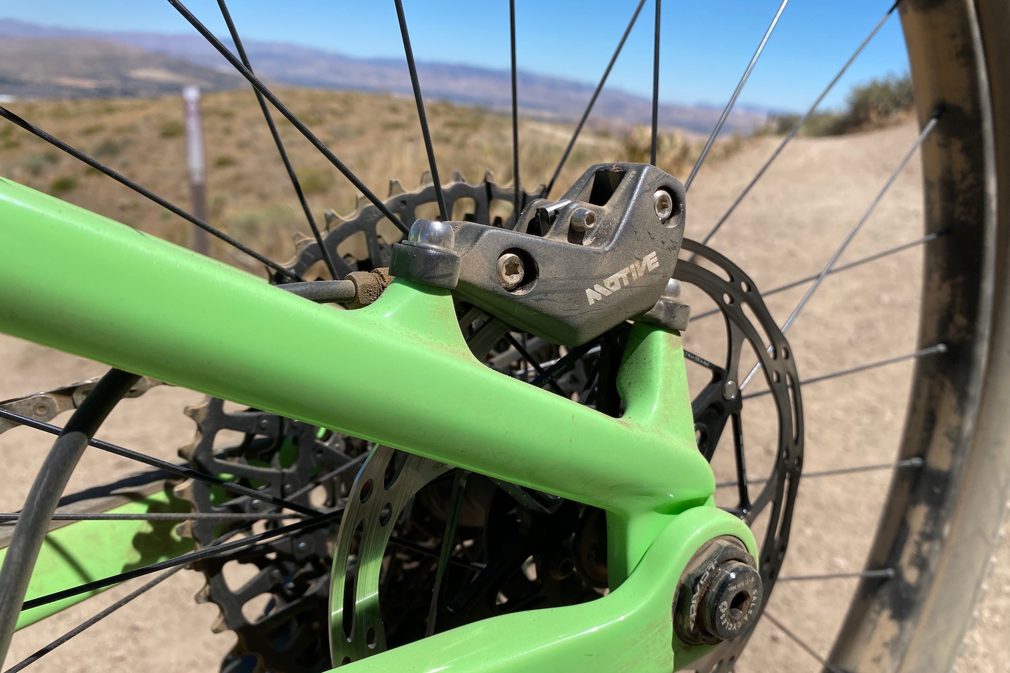 the SRAM Motive bronze brakes on the Salsa Spearfish