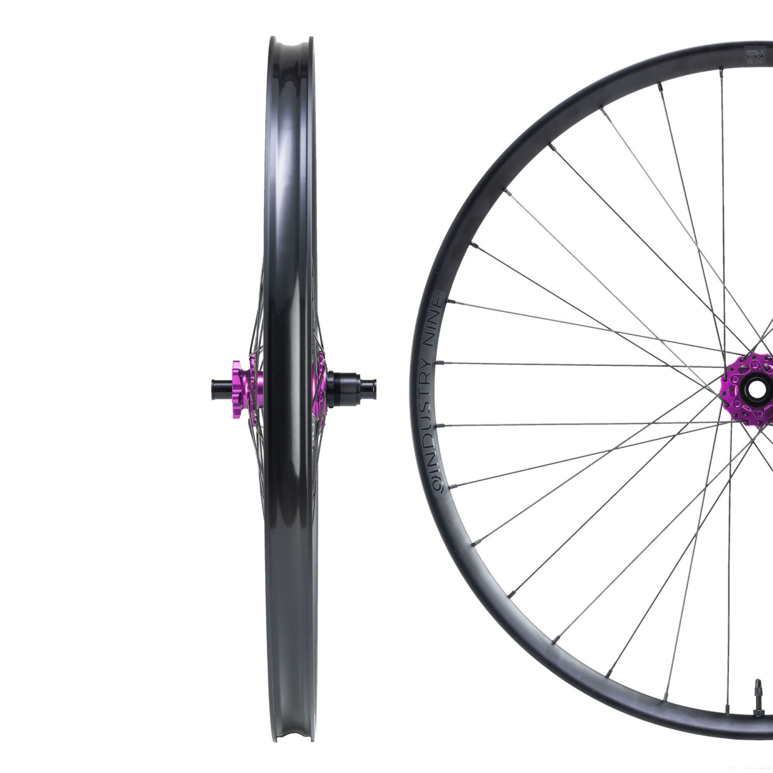 studio image of the Enduro-S wheels with purple Hydra hubs