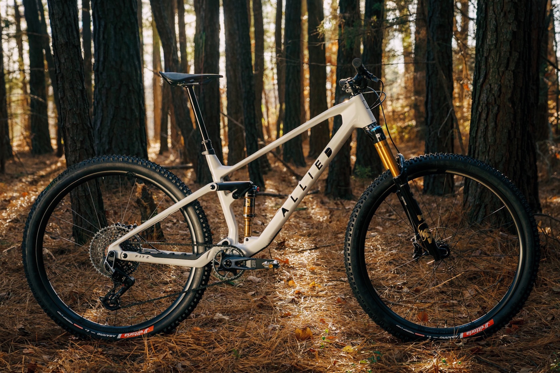 side profile of the FITZ with a white frame sitting in the forest