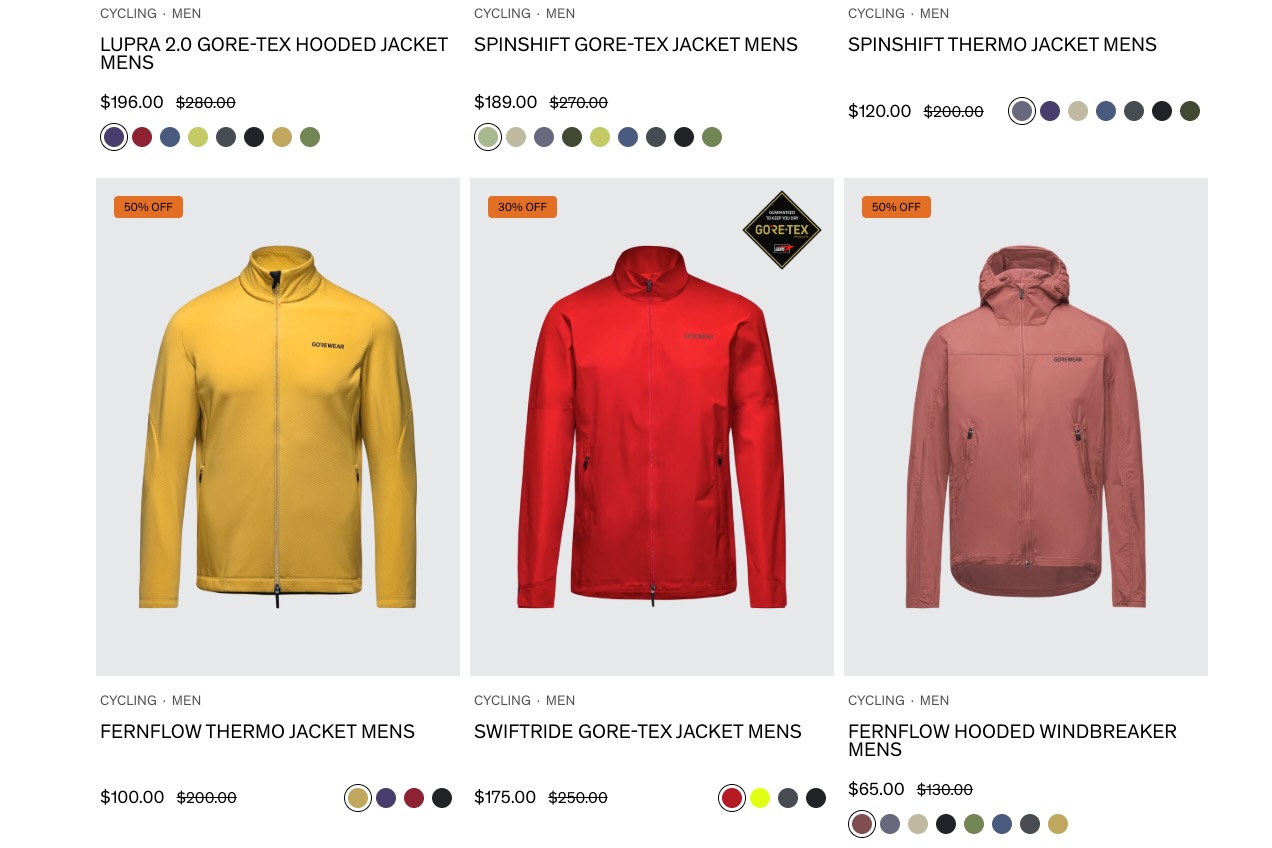 screenshot of discounted products on the Gorewear website.