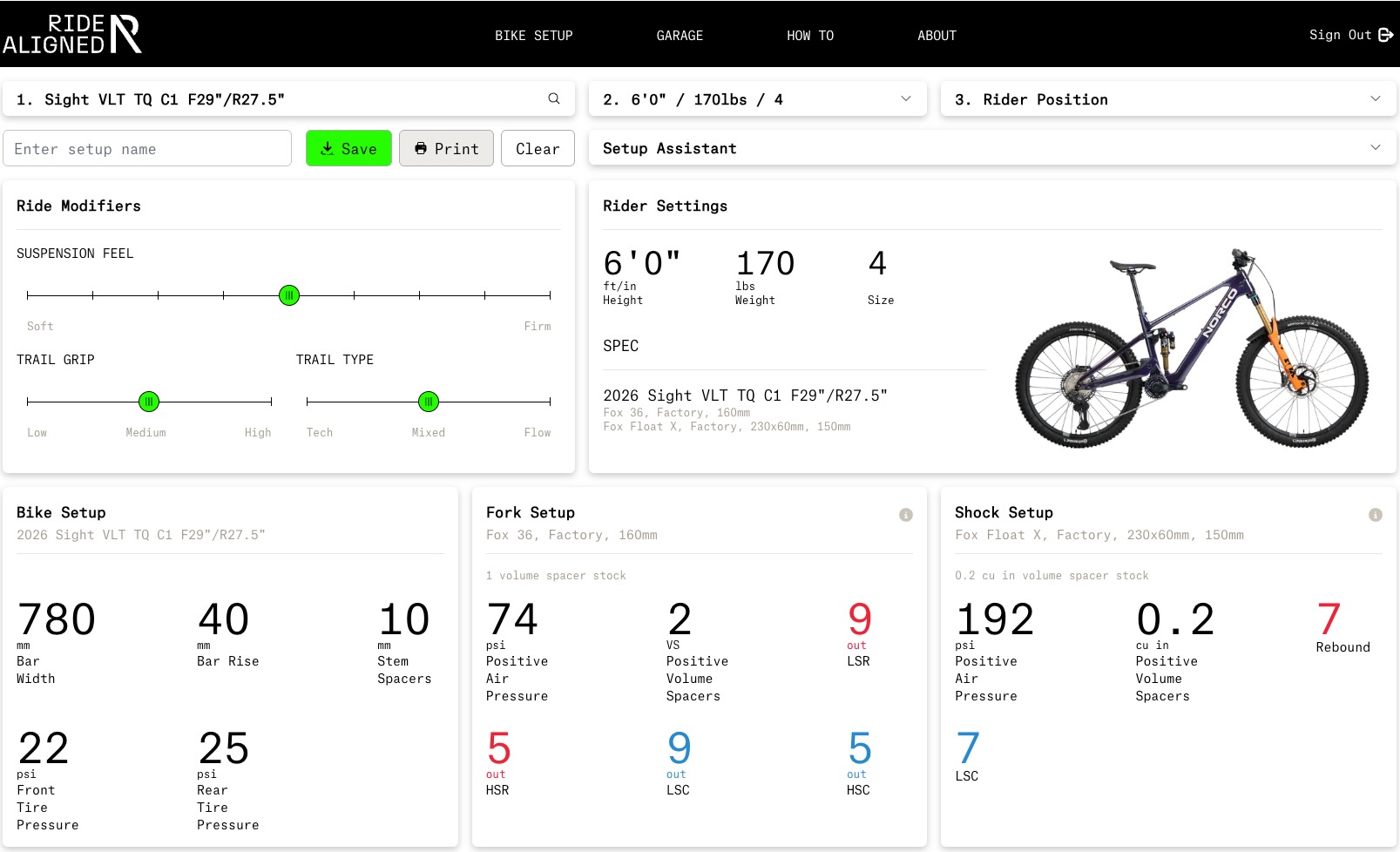 Screenshot of the Norco RideAligned setup guide for the Sight VLT TQ