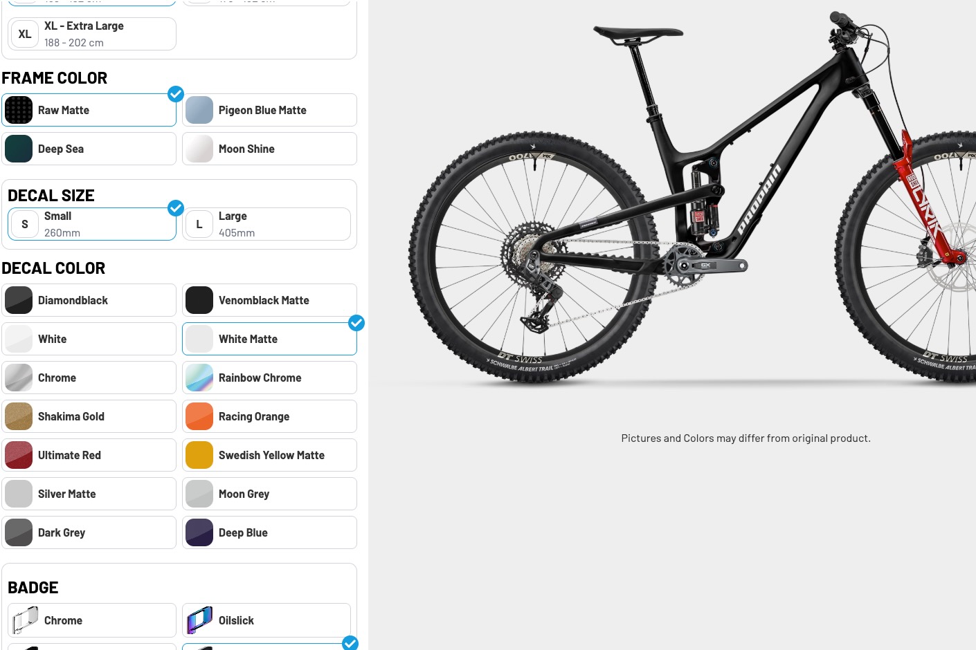 screenshot from the Propain website showing frame color options.