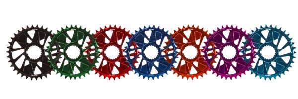 a picture showing all of the anodized color options for the Wheels Mfg shimano chainrings