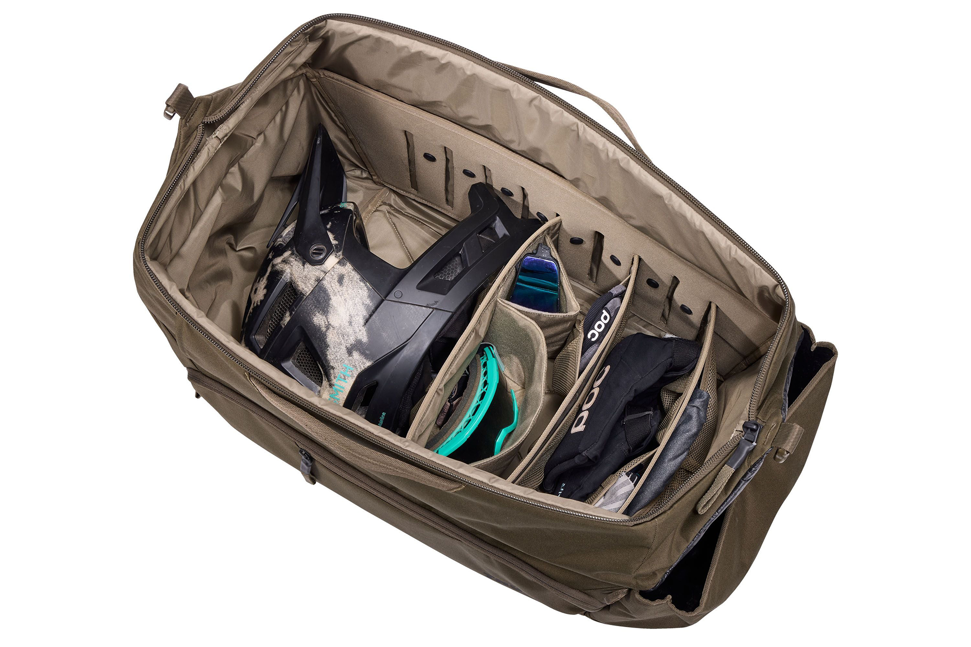 thule roundtrip mtb 70 liter mountain bike gear duffel bag shown open.