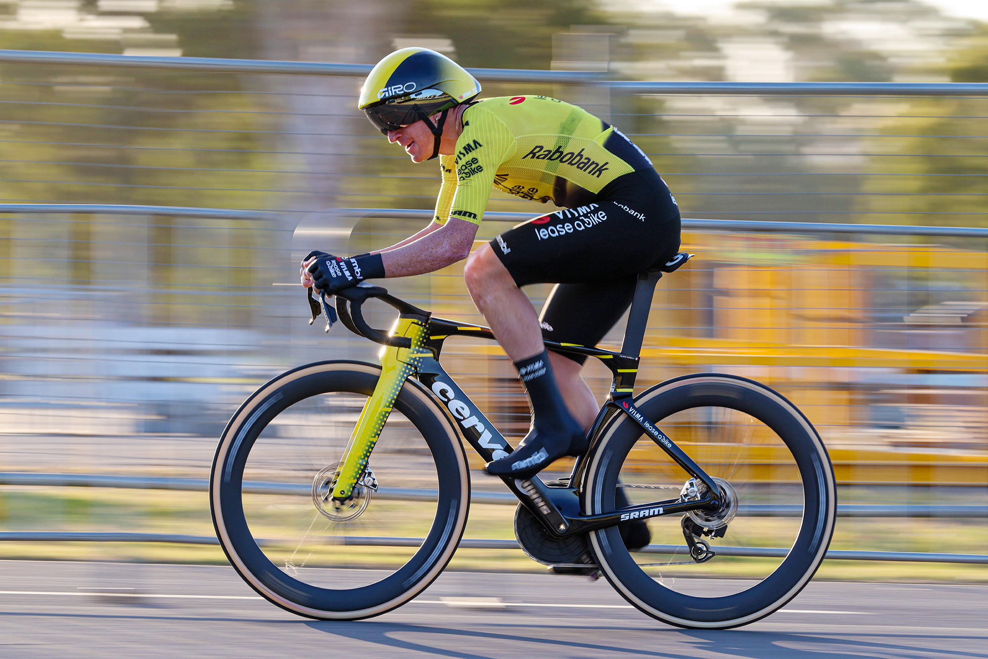 pro cyclist riding the new vittoria corsa pro speed tubeless ready 30mm road bike tires.