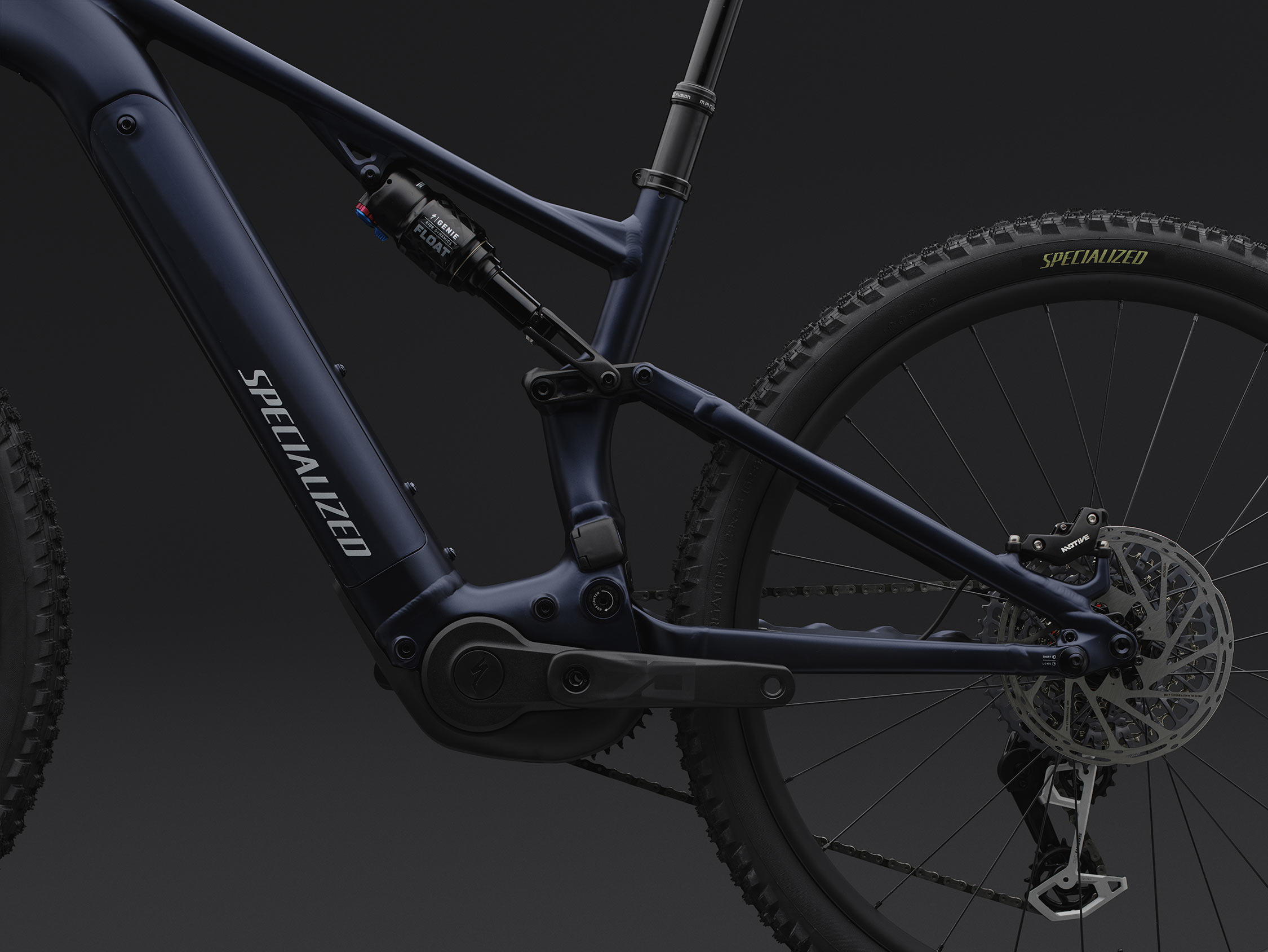 suspension closeup on 2026 specialized turbo levo r alloy e-mountain bike.