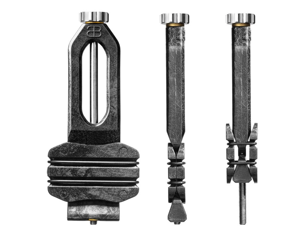 absoluteBLACk four-piston mountain bike brake press tool shown from multiple angles.