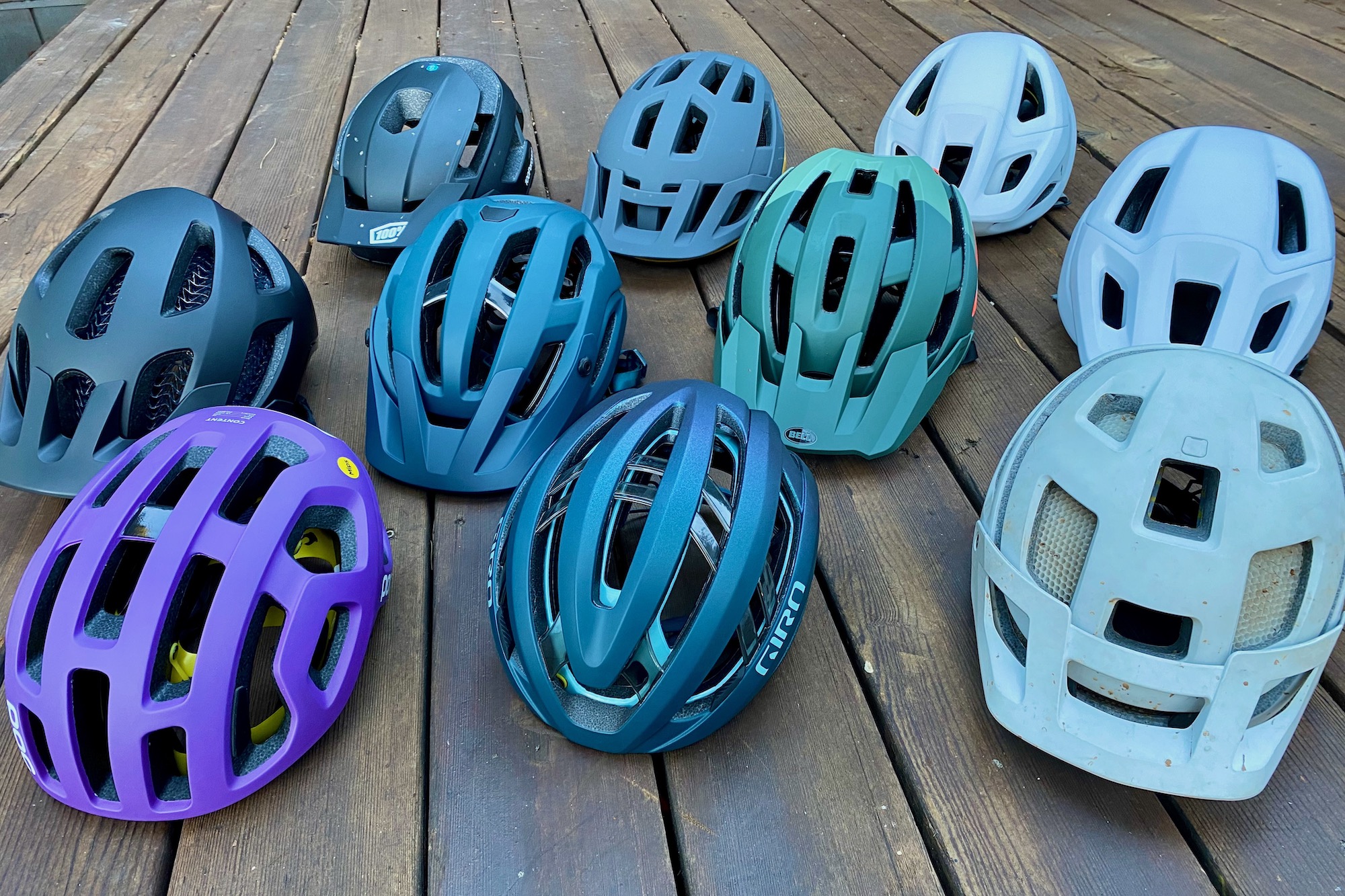 group shot of bike helmets