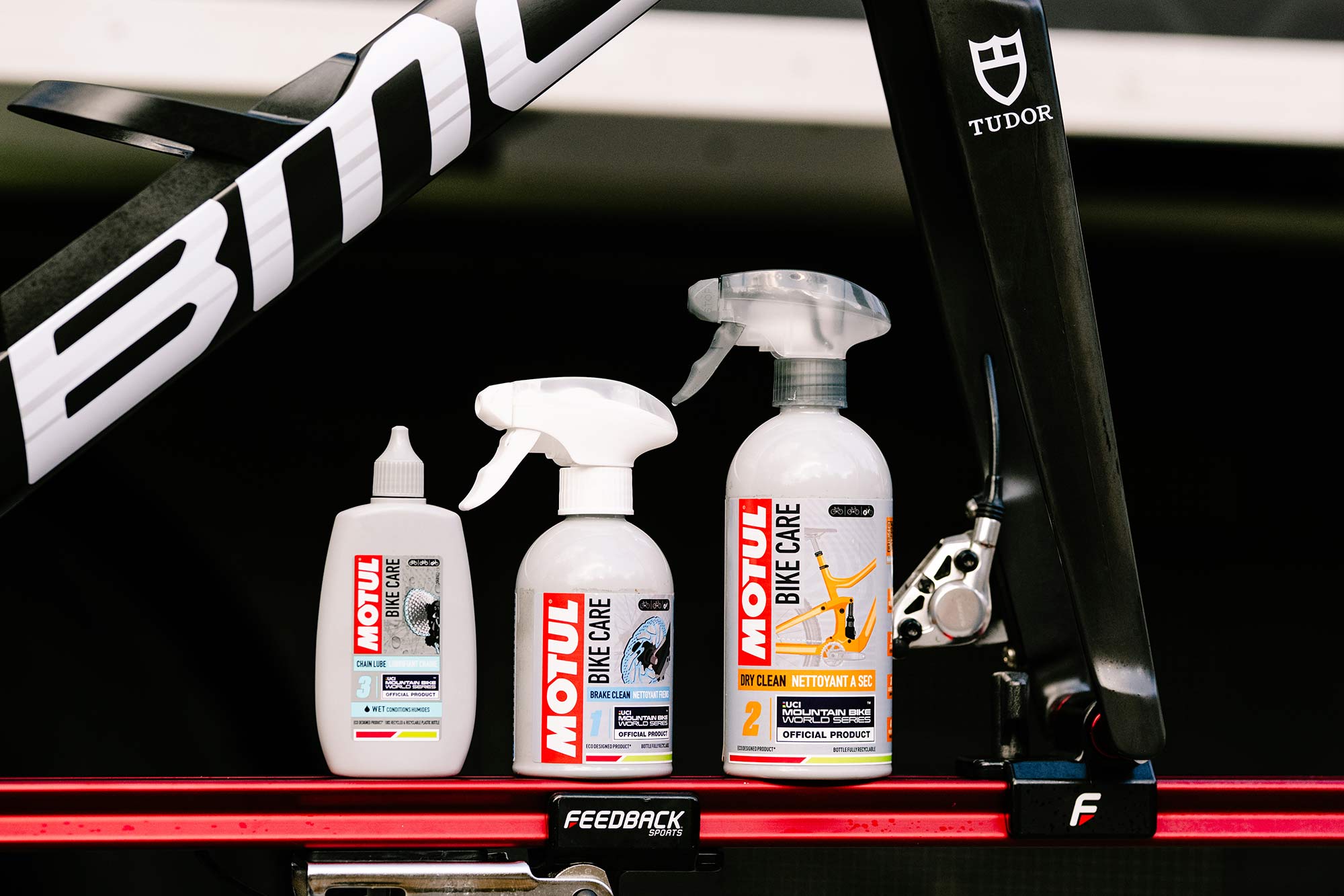 motul bicycle care products in a row.