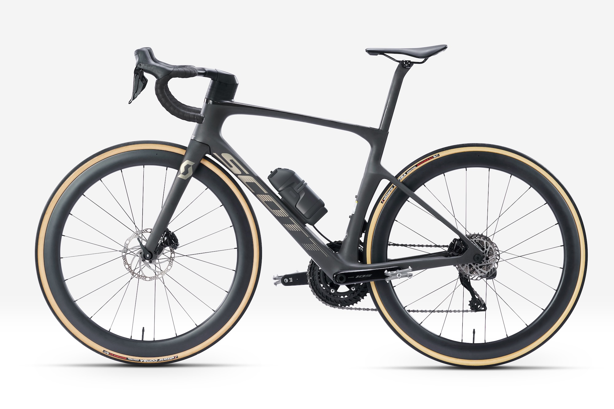 studio image of a Scott road bike equipped with the Cycplore e-bike conversion system.