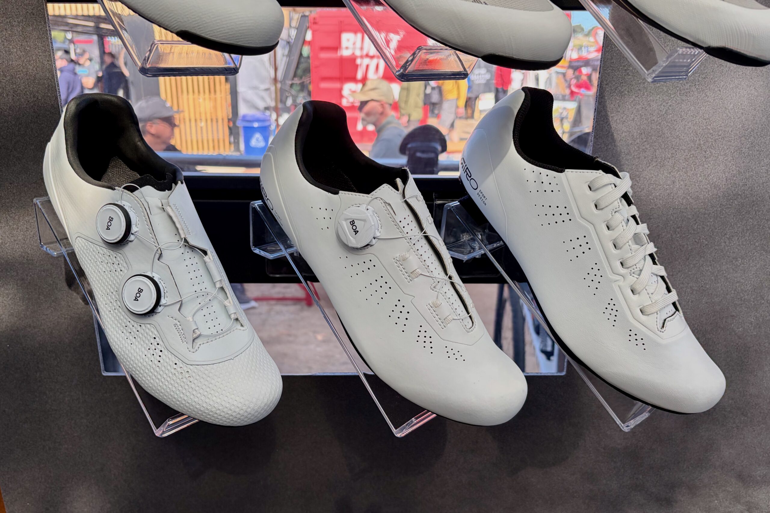Three new Giro road bike shoes on display at the Sea Otter Classic