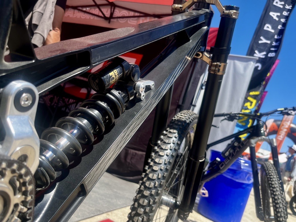 these carbon shims on the side of the Gamux prototype DH bike help tune stiffness