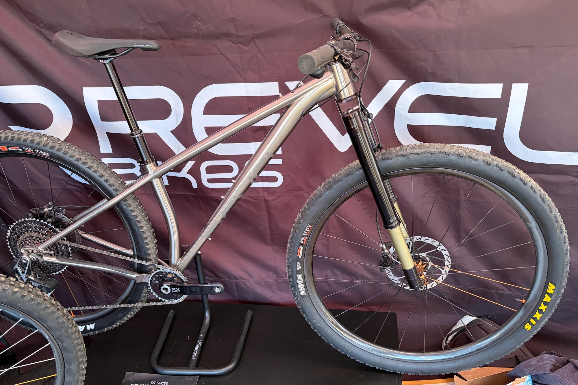 Revel's 32" Ti hardtail on display with a mixed wheel setup