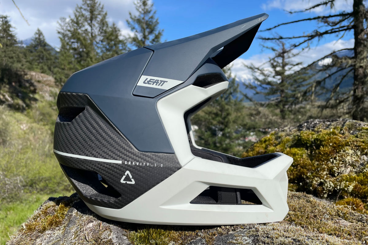 Leatt Gravity 5.0 helmet, side, on trail