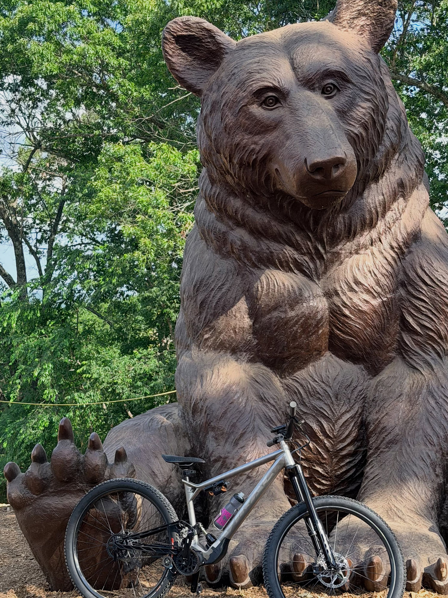 Viral Optimist 145 titanium and aluminum gearbox belt-drive trail bike in front of a bear at Ozark Trails Bike Park