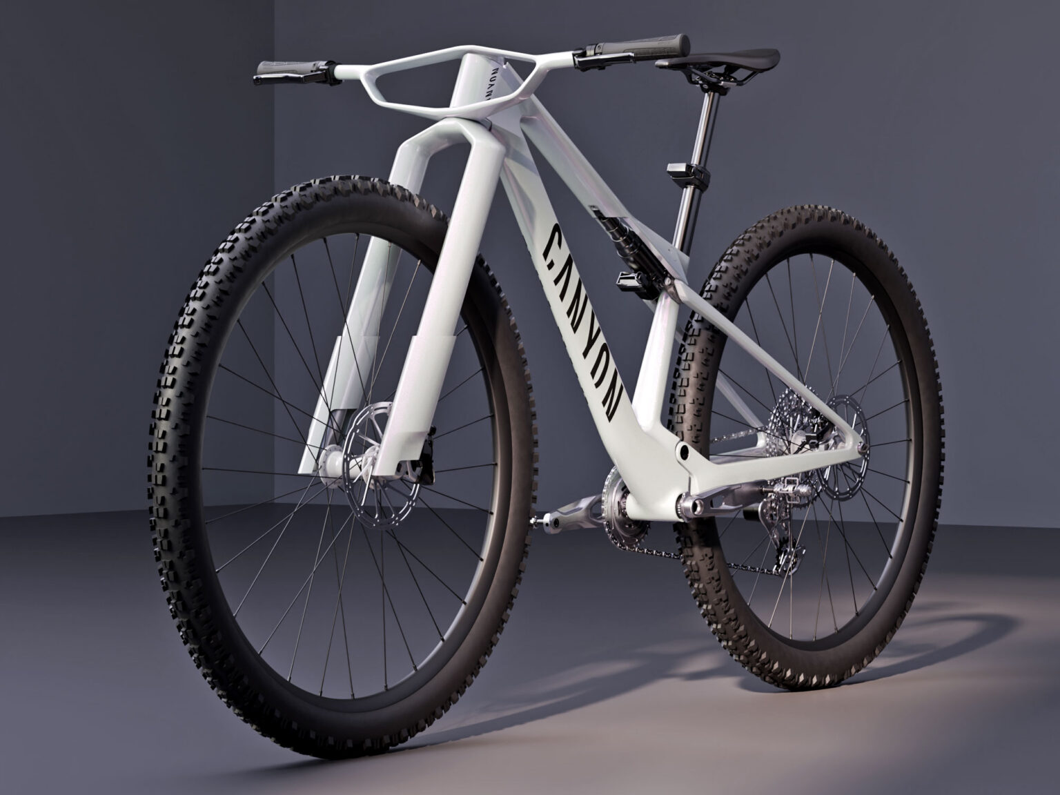 Canyon Lux Era aero 32" XC concept bike; cross-country mountain bike prototype with biplane wing handlebar: angled NDS